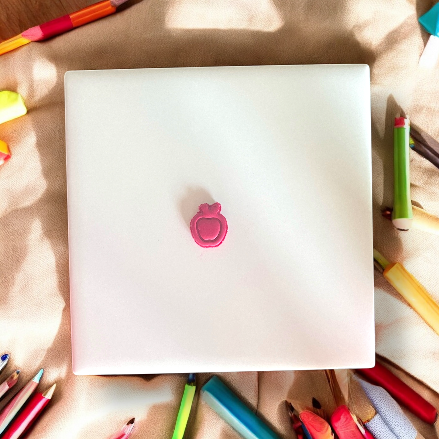 Small apple clay cutout placed in the center of a white tile with bright school supplies around it.