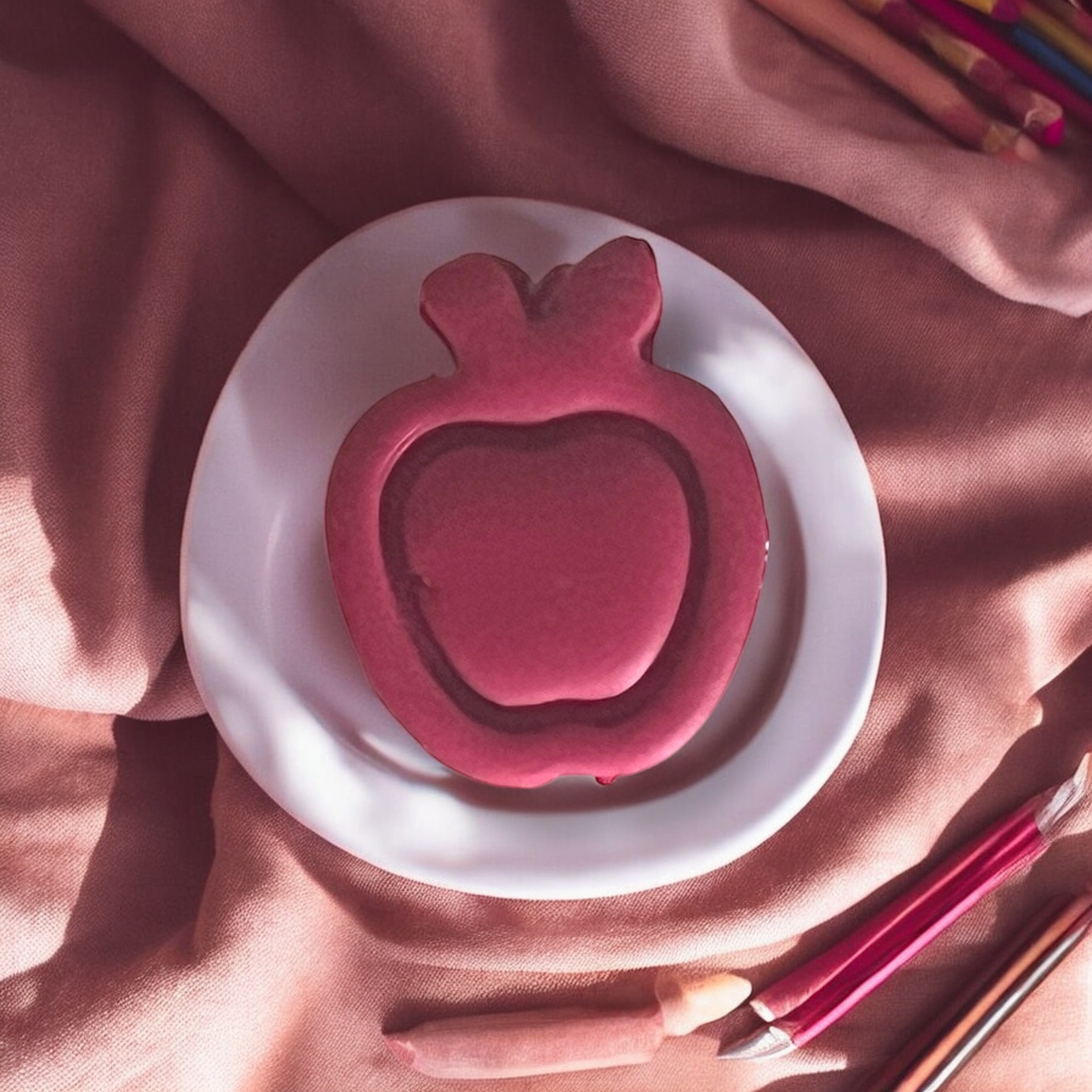 Large apple-shaped clay slab on a small white dish with pink fabric and pencils in the background.