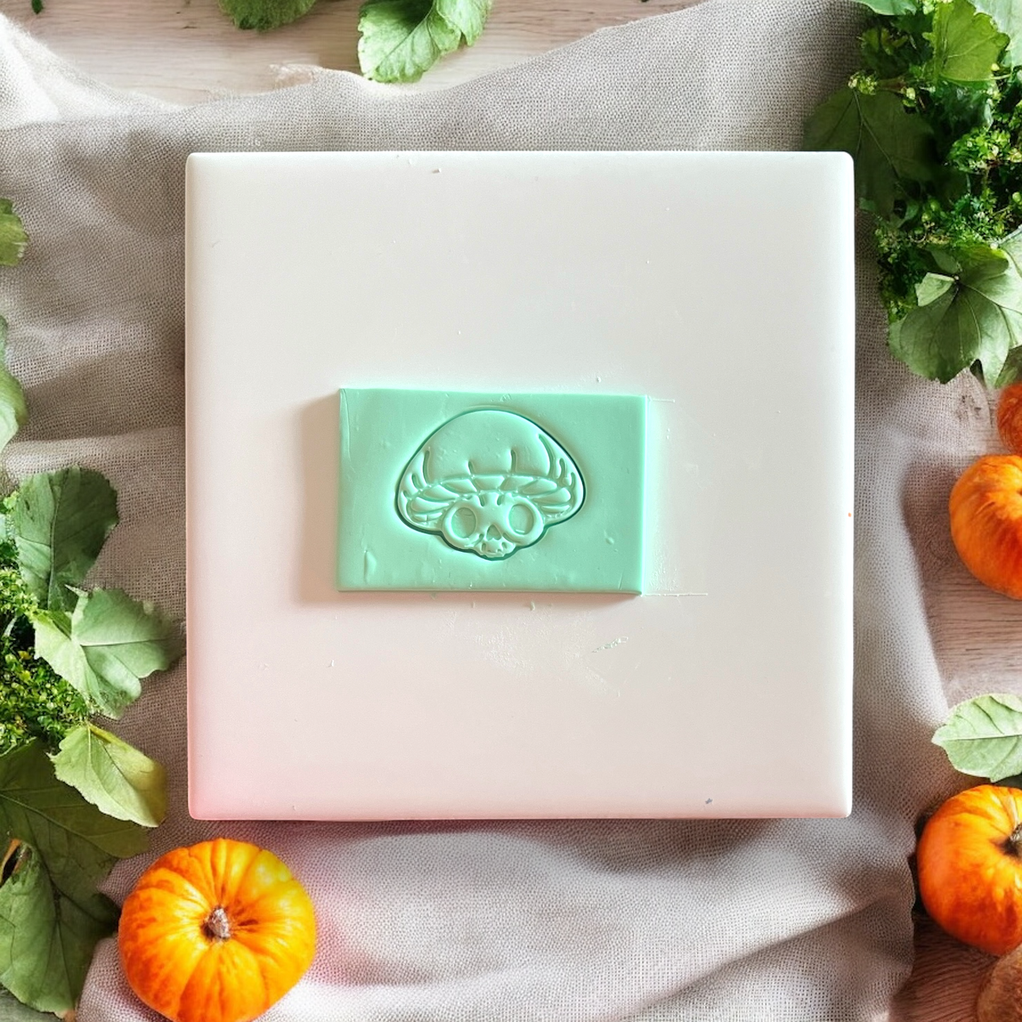 Green clay slab with impression of spooky mushroom skull cutter