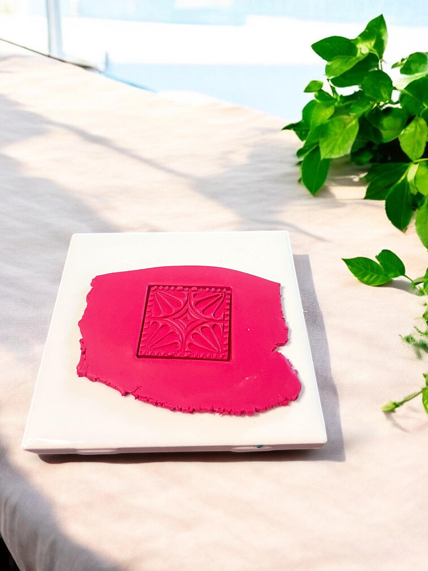 Boho square tile imprint in red clay for polymer clay earrings