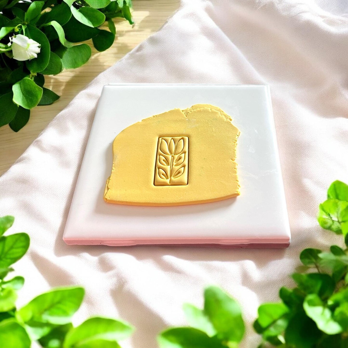 folk tulip rectangle clay impression in yellow clay