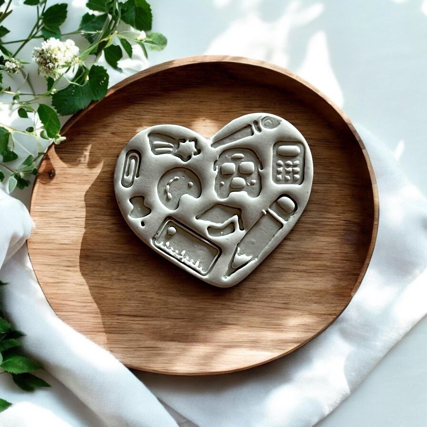 Finished polymer clay heart with school icons on wood tray, styled for product showcase
