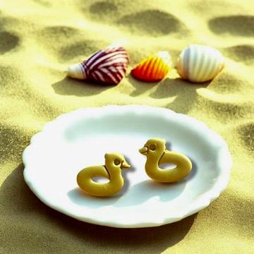 Yellow Duckie Pool Floatie polymer clay earrings displayed on a white plate with seashells