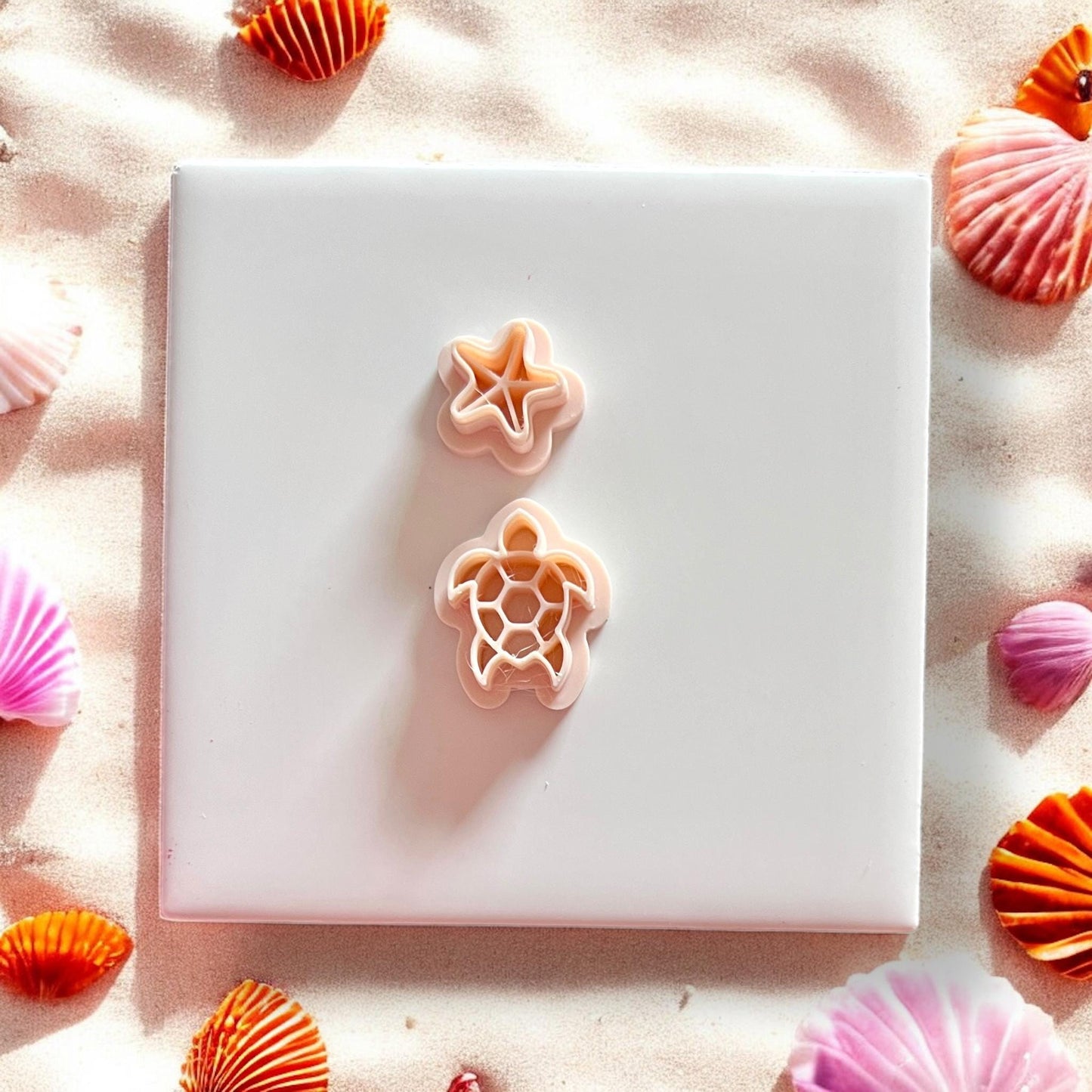 Sea turtle and starfish shaped clay cutters on white background with seashells