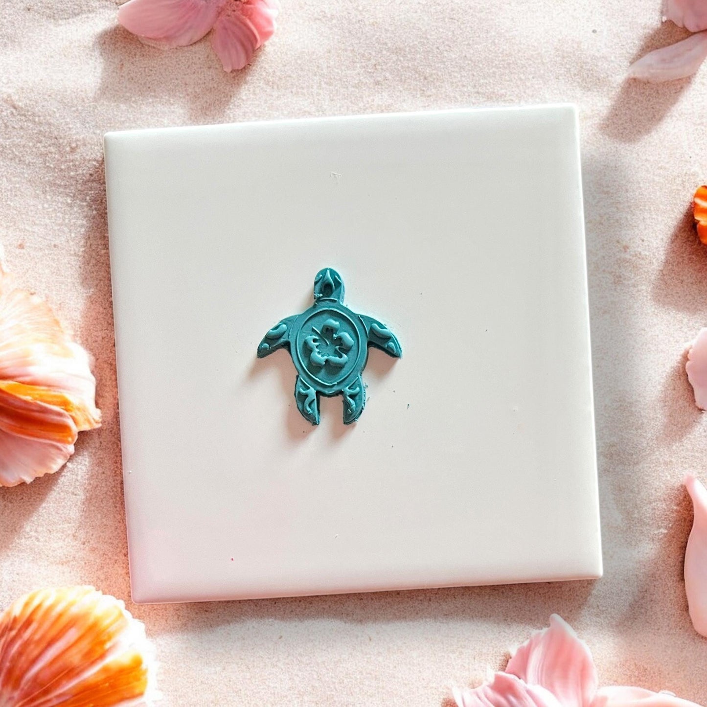 Blue sea turtle floral imprint in clay with shell decorations