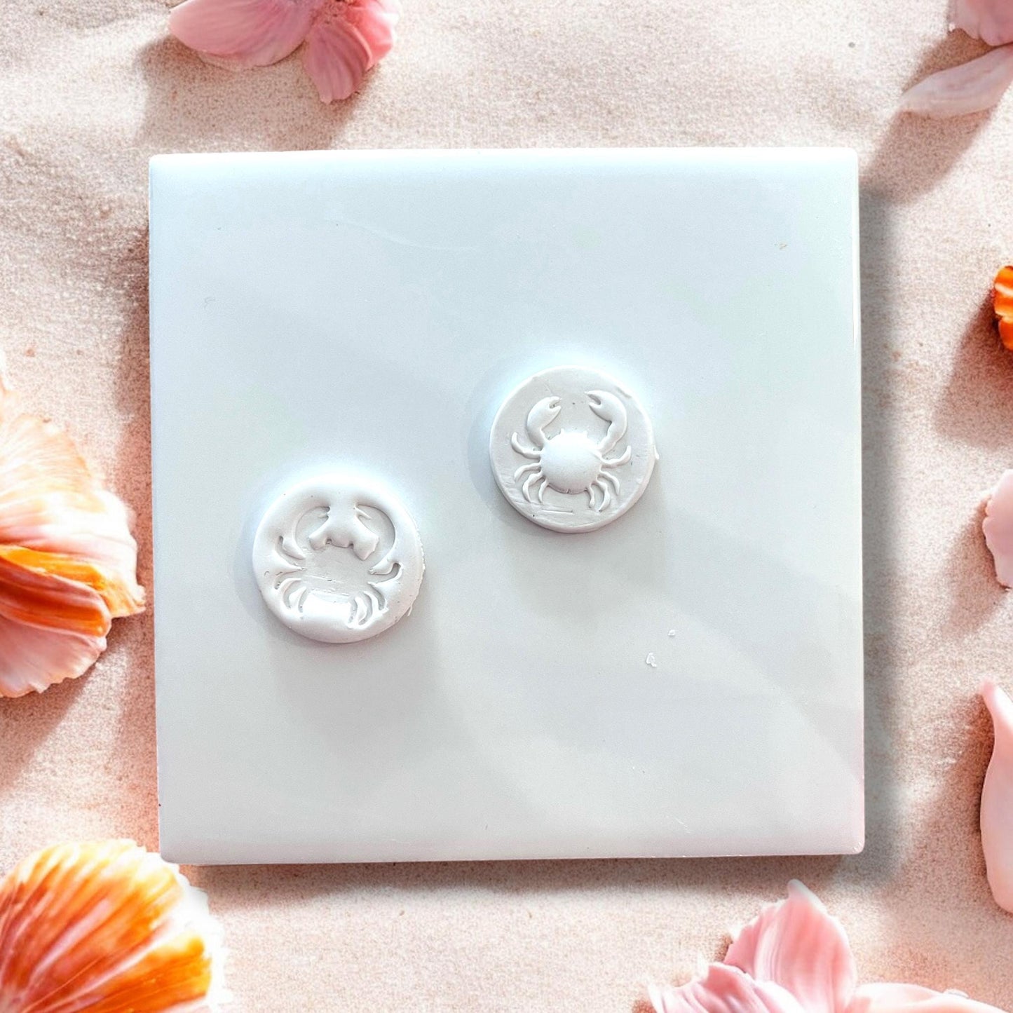 Finished white clay crab studs on a ceramic tile