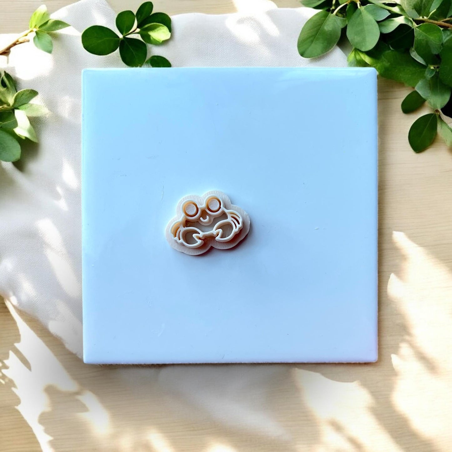 Top-down view of big-eye crab cutter on tile