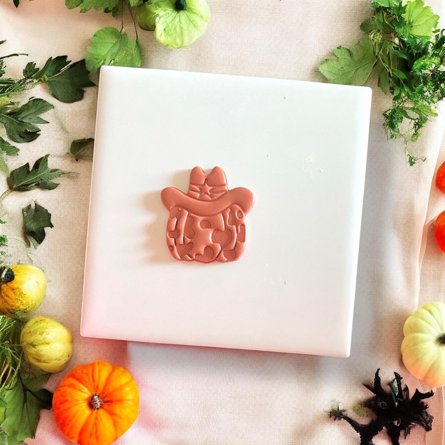Terracotta clay pumpkin with western hat surrounded by pumpkins and fall leaves