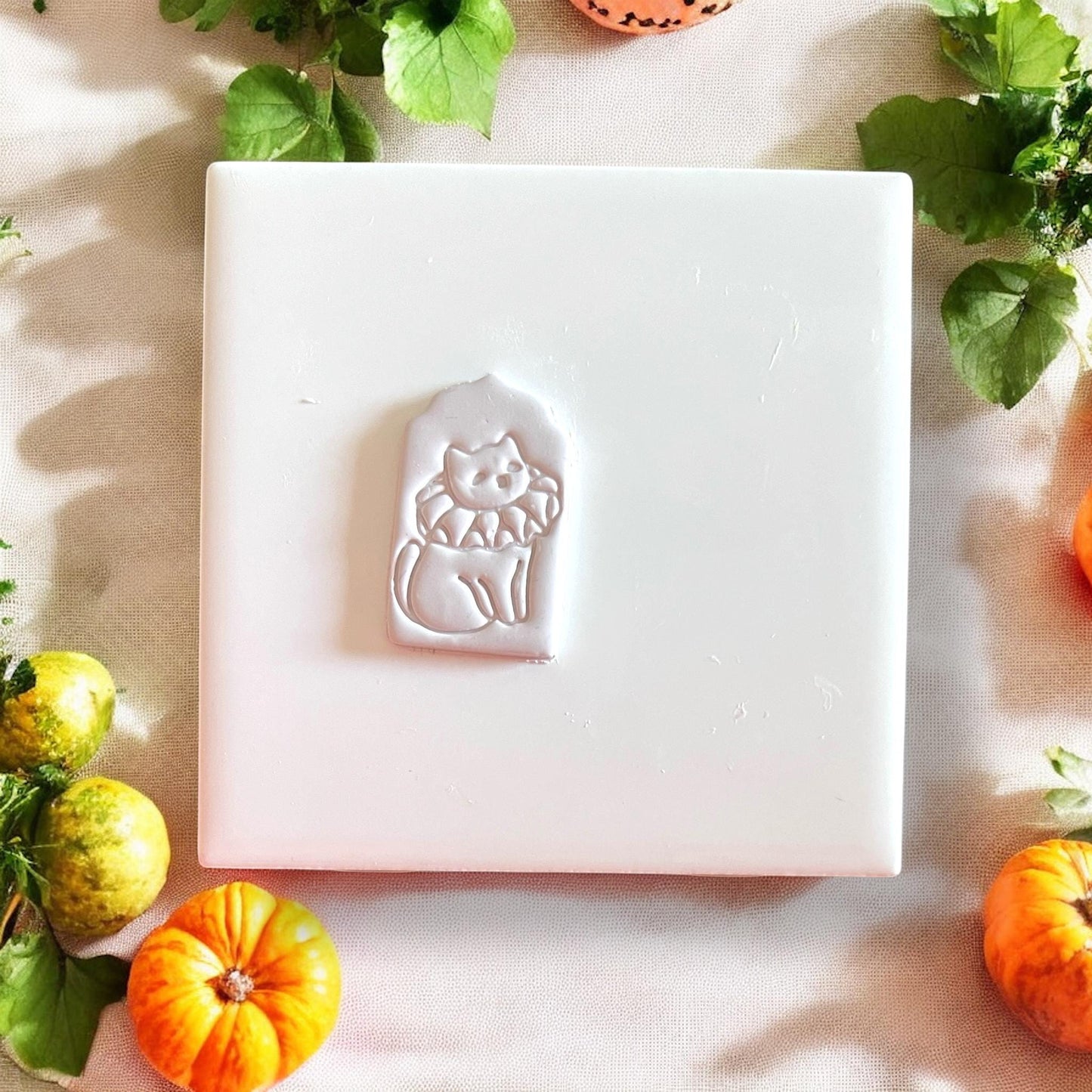 Pink polymer clay cutter shaped like a cat with ruffle collar on white tile