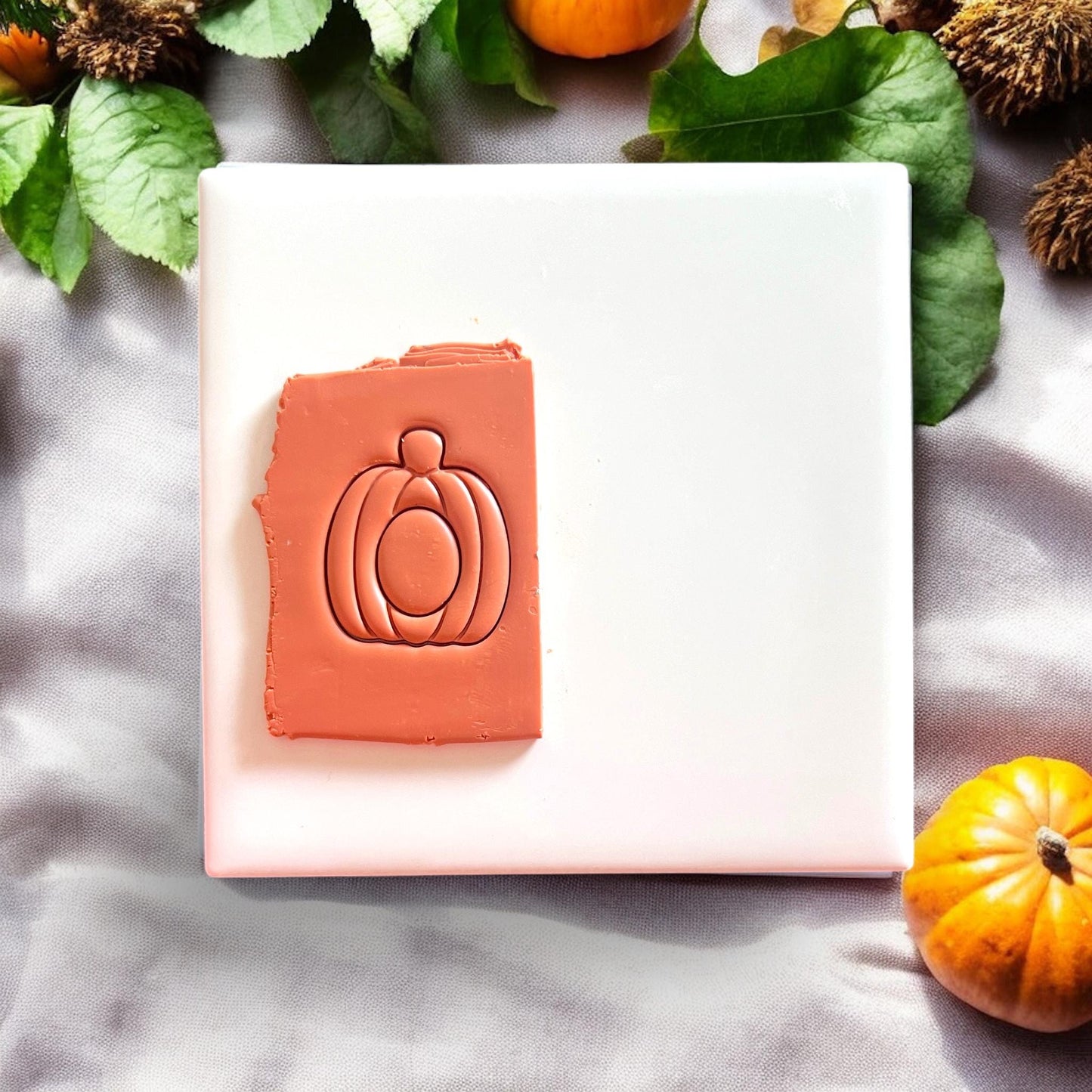 Pumpkin clay cutter pressed into terracotta clay