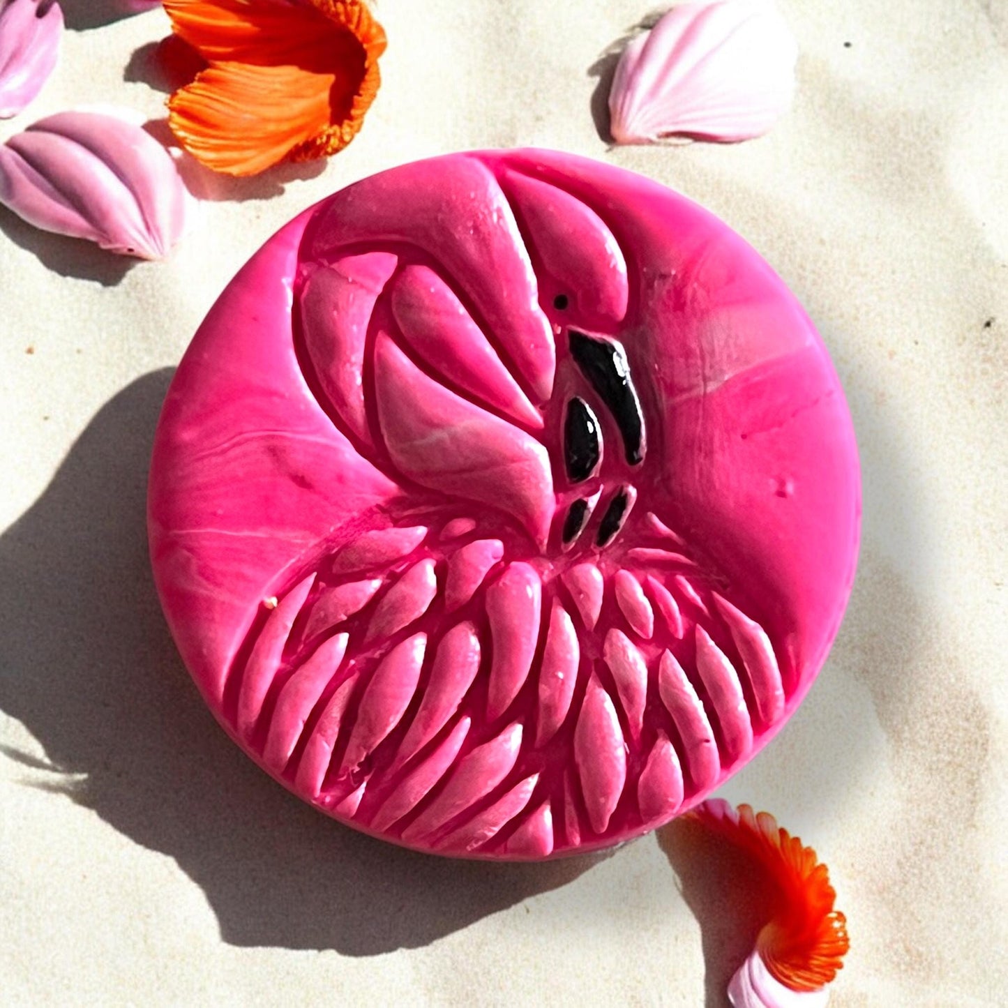 Handpainted flamingo clay piece, styled with shells