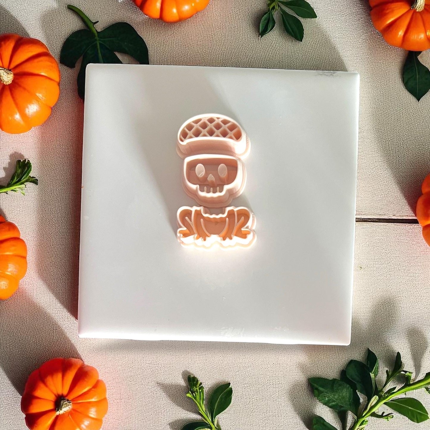 Mini spooky frog skeleton clay cutter with fall decor
