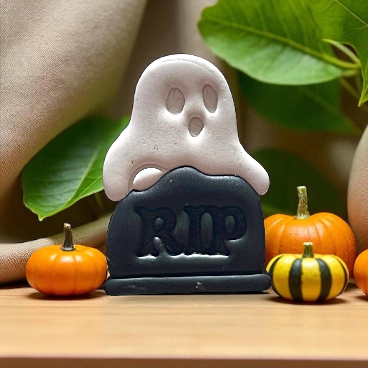Halloween RIP ghost earrings made from polymer clay