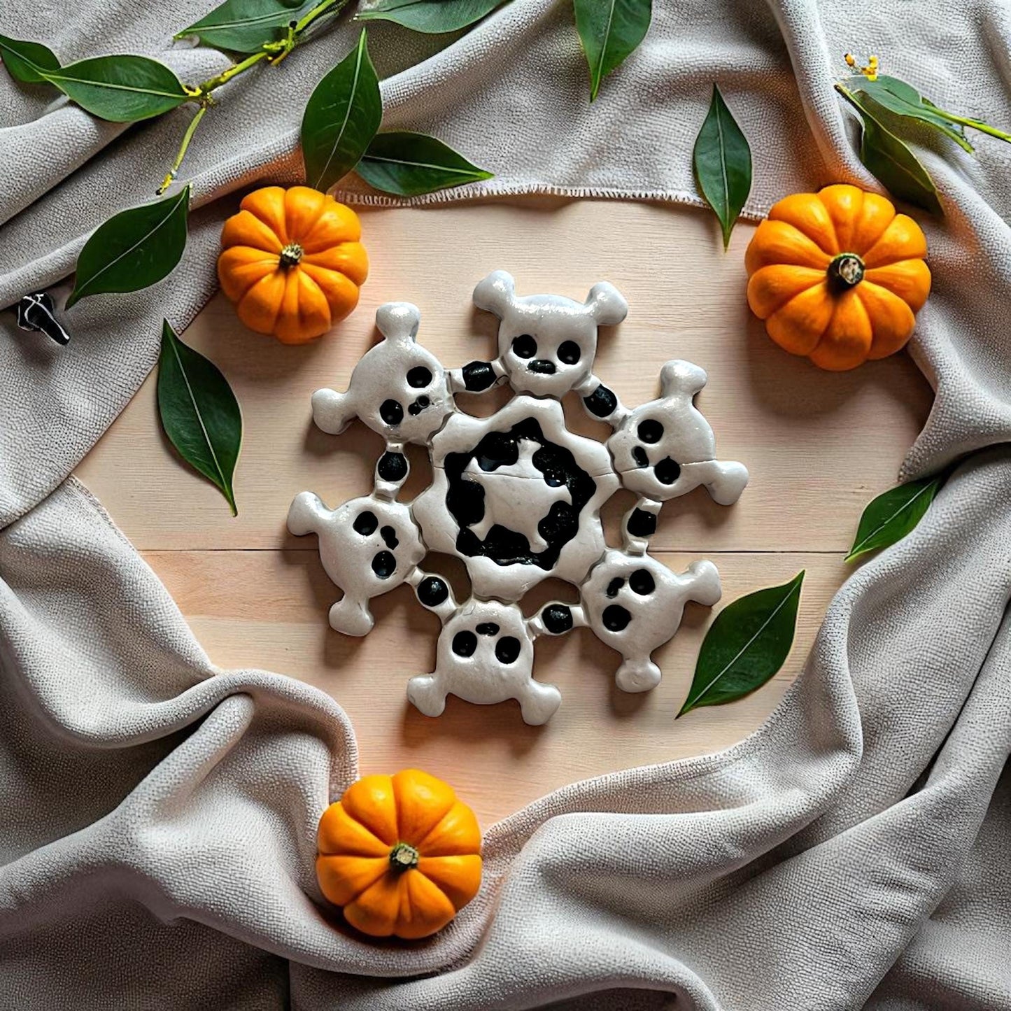 Halloween skull wreath with contrast black and white clay details