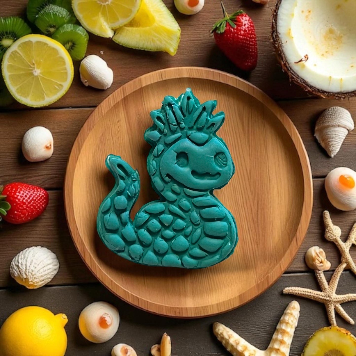 Oversized teal clay version of pineapple serpent on wooden plate