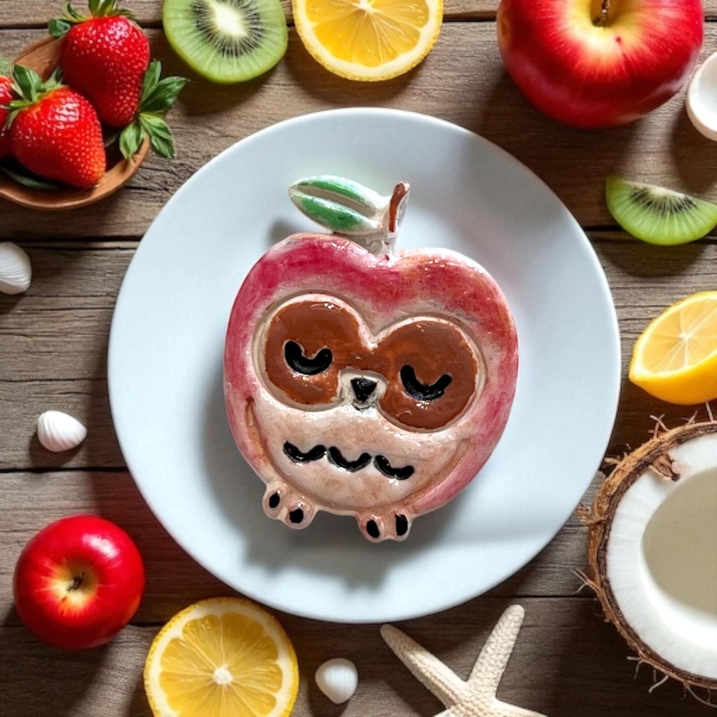 Ceramic apple owl sample on plate surrounded by kiwi, lemon, and strawberries