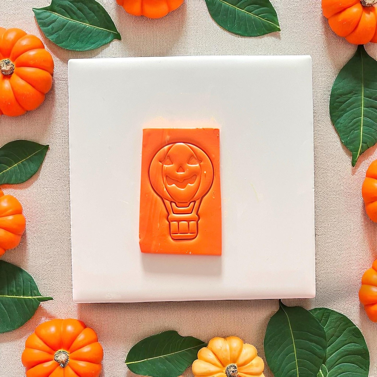 Pumpkin hot air balloon clay impression with leaf and pumpkin decor