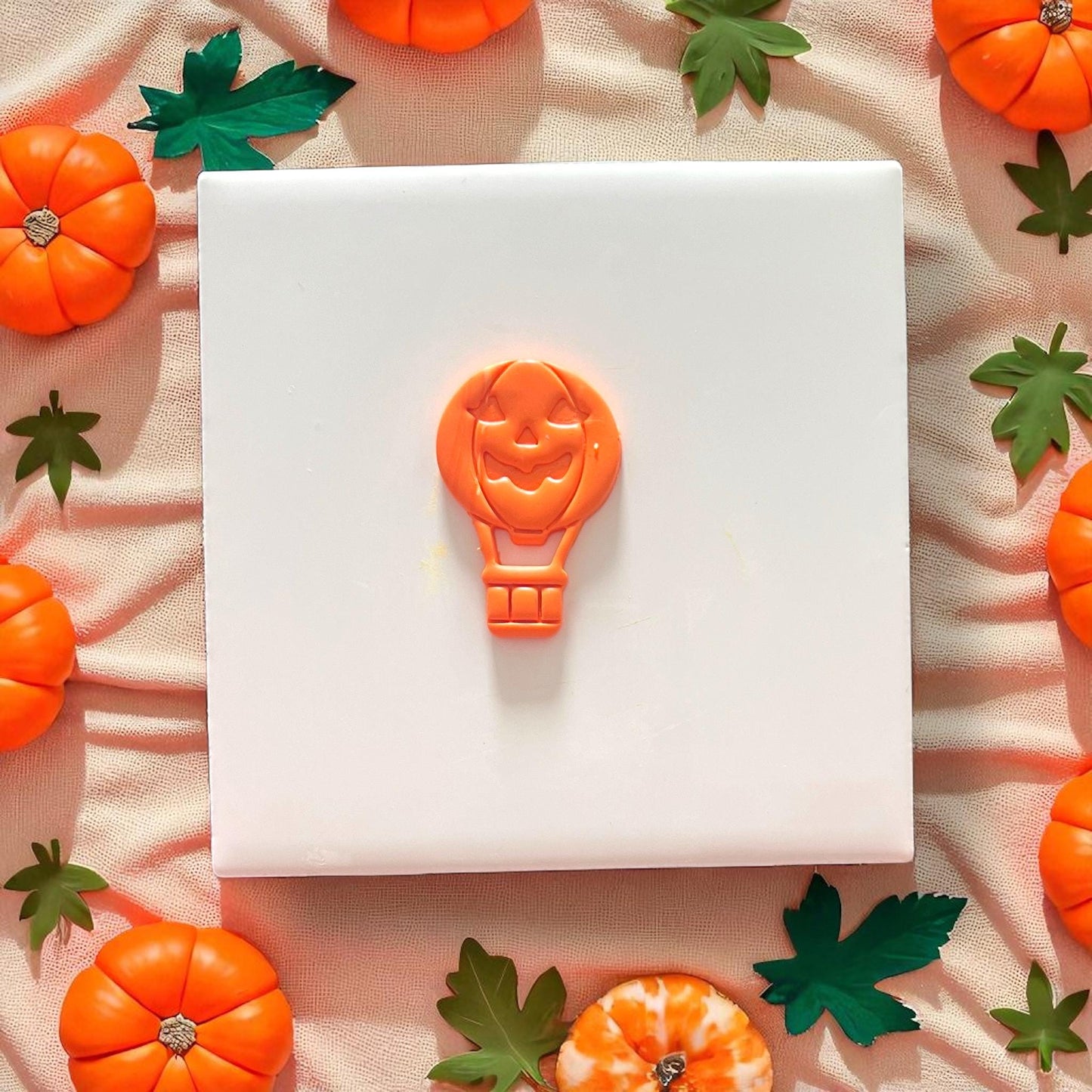Pumpkin hot air balloon clay slab with jack-o-lantern face