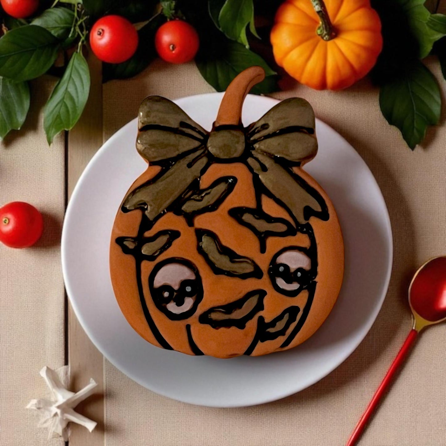 Decorated clay pumpkin with bow and bat accents on plate surrounded by greenery
