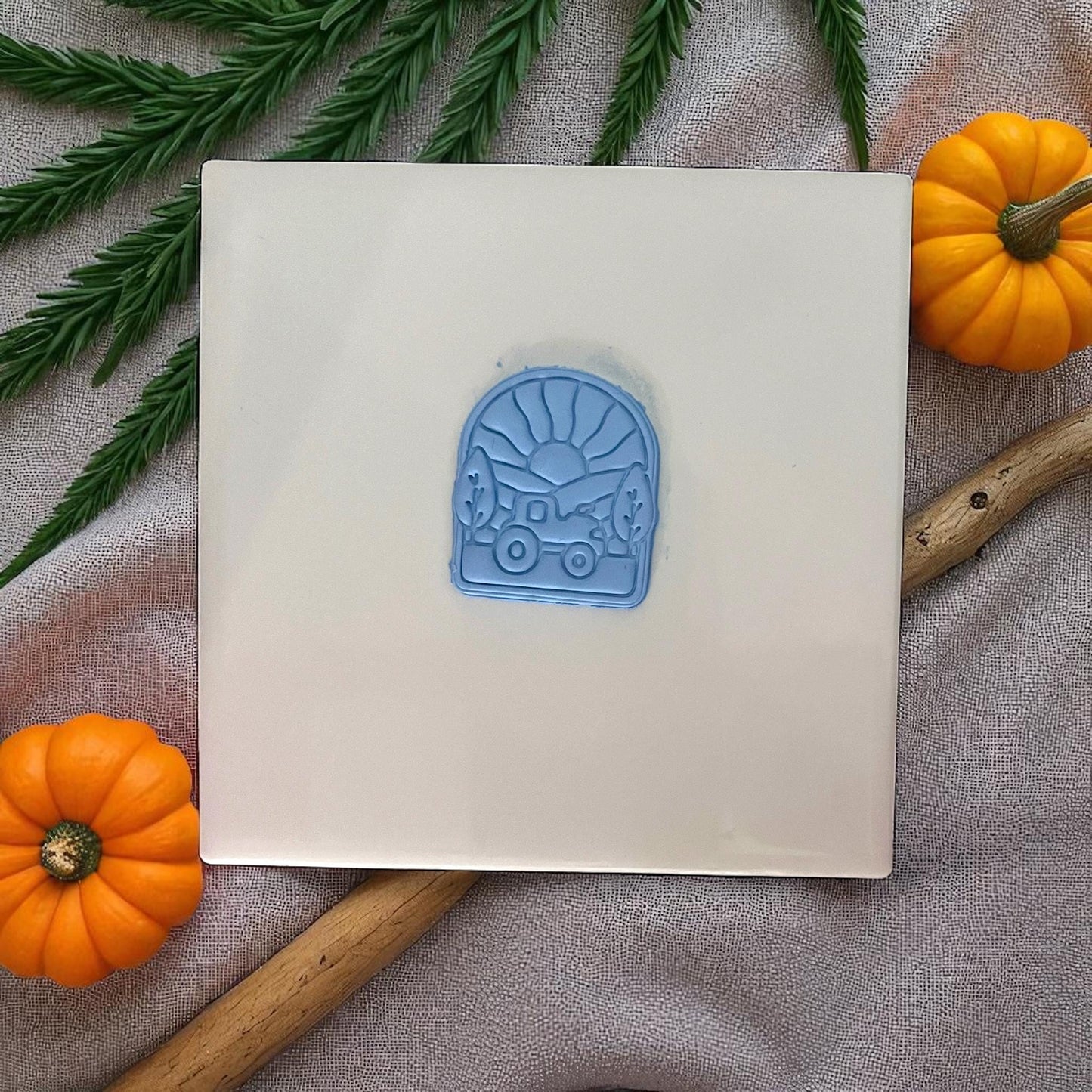 Fall tractor scene polymer clay imprint with pumpkins