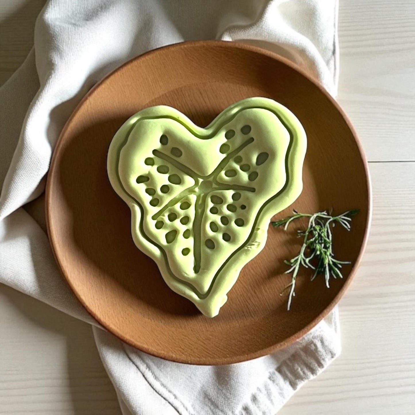 Large green clay heart leaf with sculptural veins
