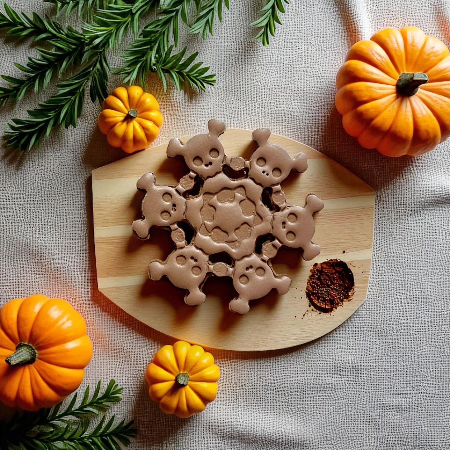 Finished skull wreath clay design on wooden board with pumpkins