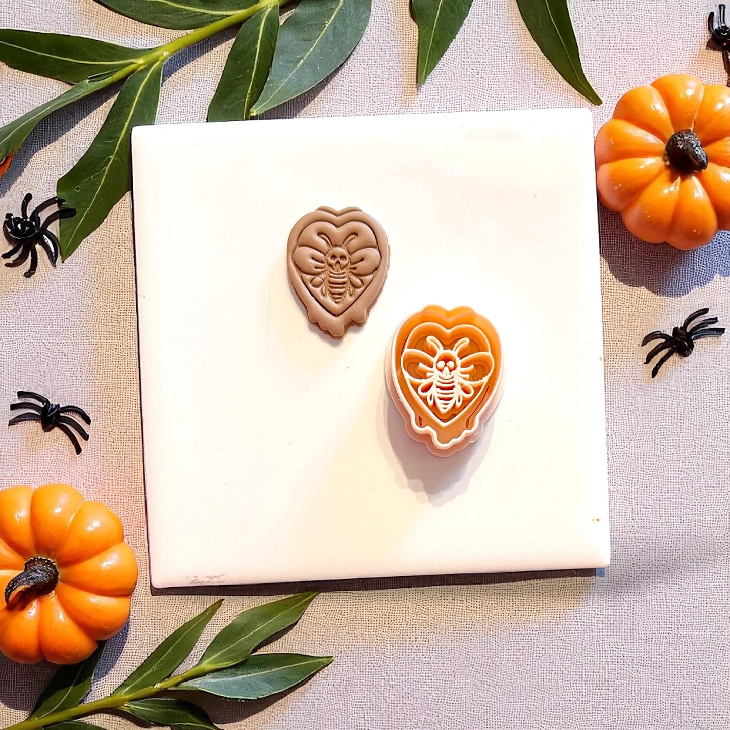 Skull moth clay impression with cutter shown, surrounded by fall decor and spiders