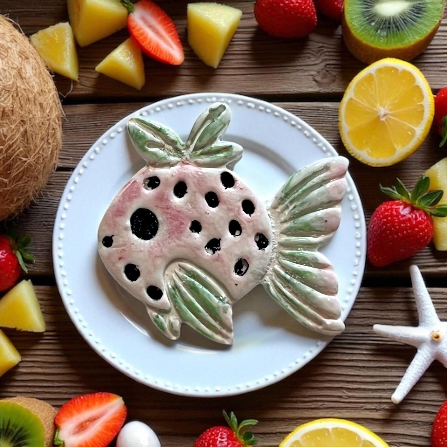 Painted ceramic-style strawberry fish with fruit and summer accents