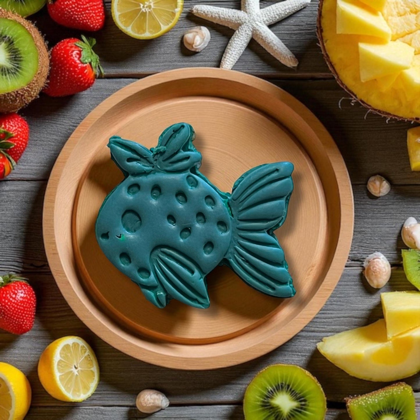 Large tropical strawberry fish shape in teal clay on wood plate