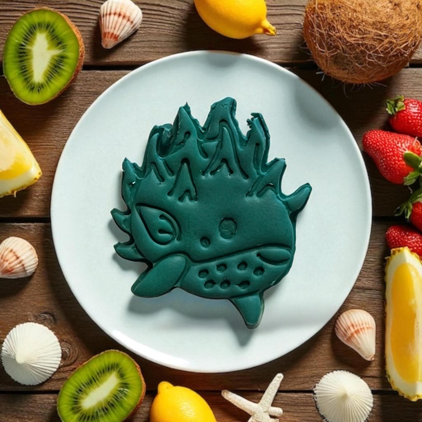 Large pomegranate whale clay design on plate with kiwi and shells