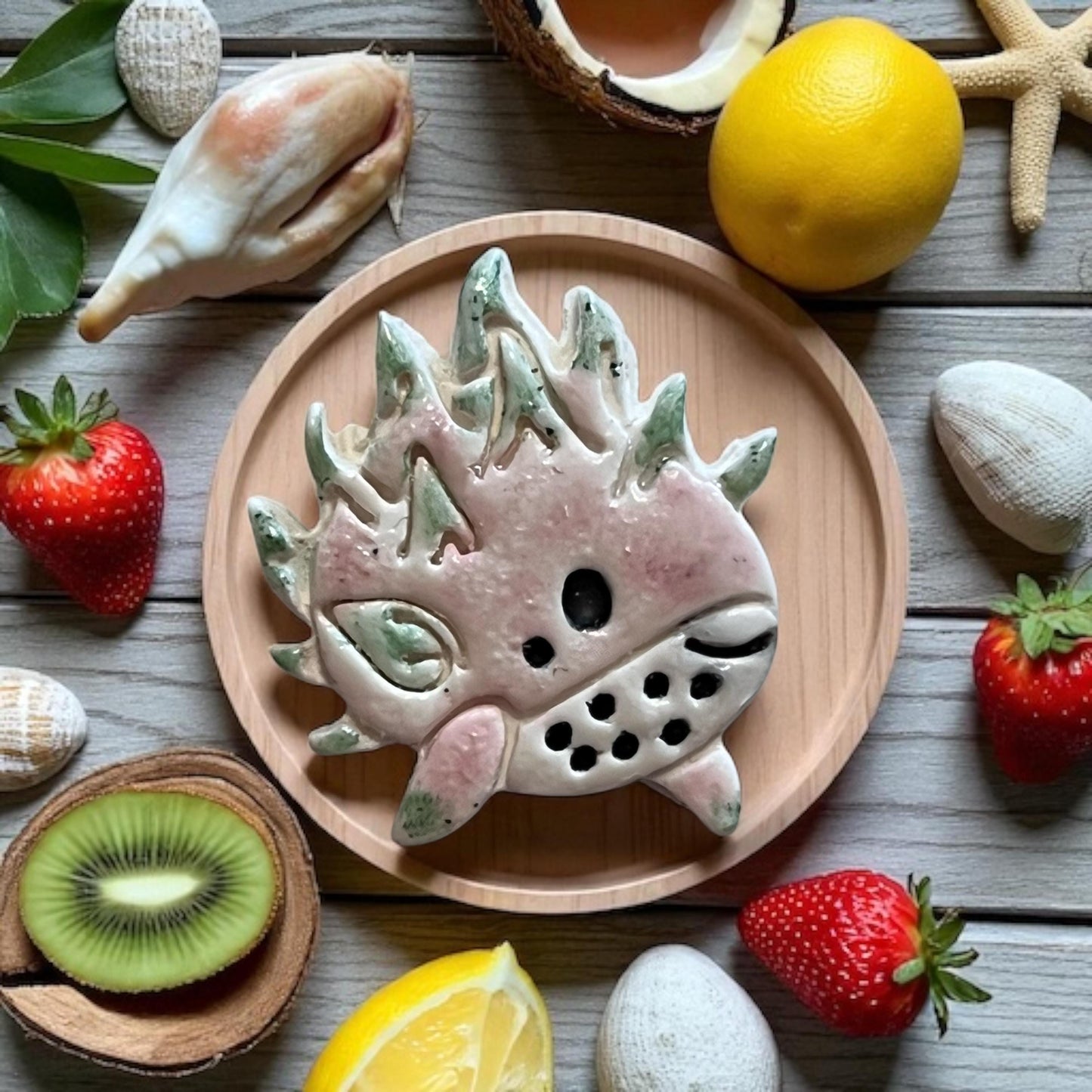 Glazed ceramic version of pomegranate whale shaped art