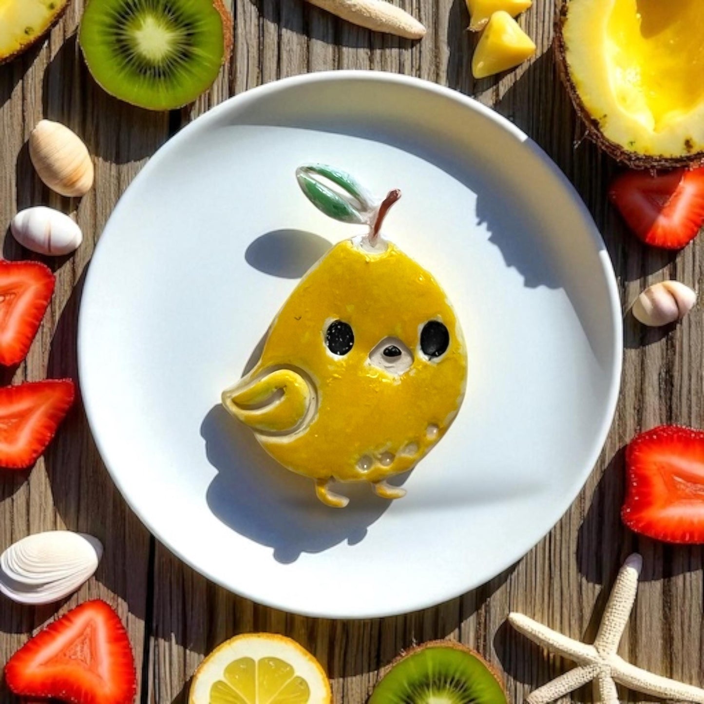 glazed lemon chick ceramic piece surrounded by tropical fruit