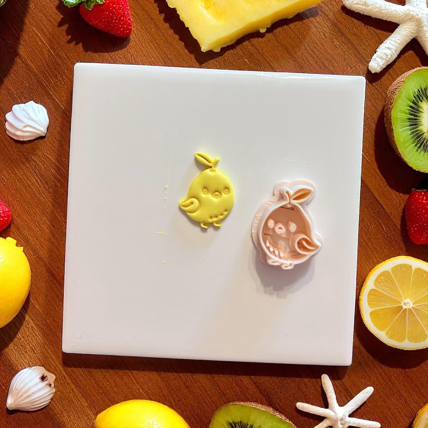 lemon chick cutter and matching clay impression side by side