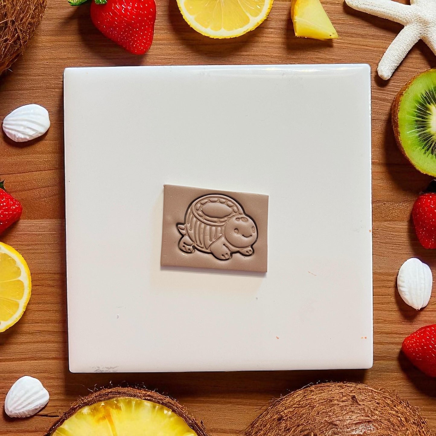 Coconut turtle polymer clay imprint on tan slab with fruit props