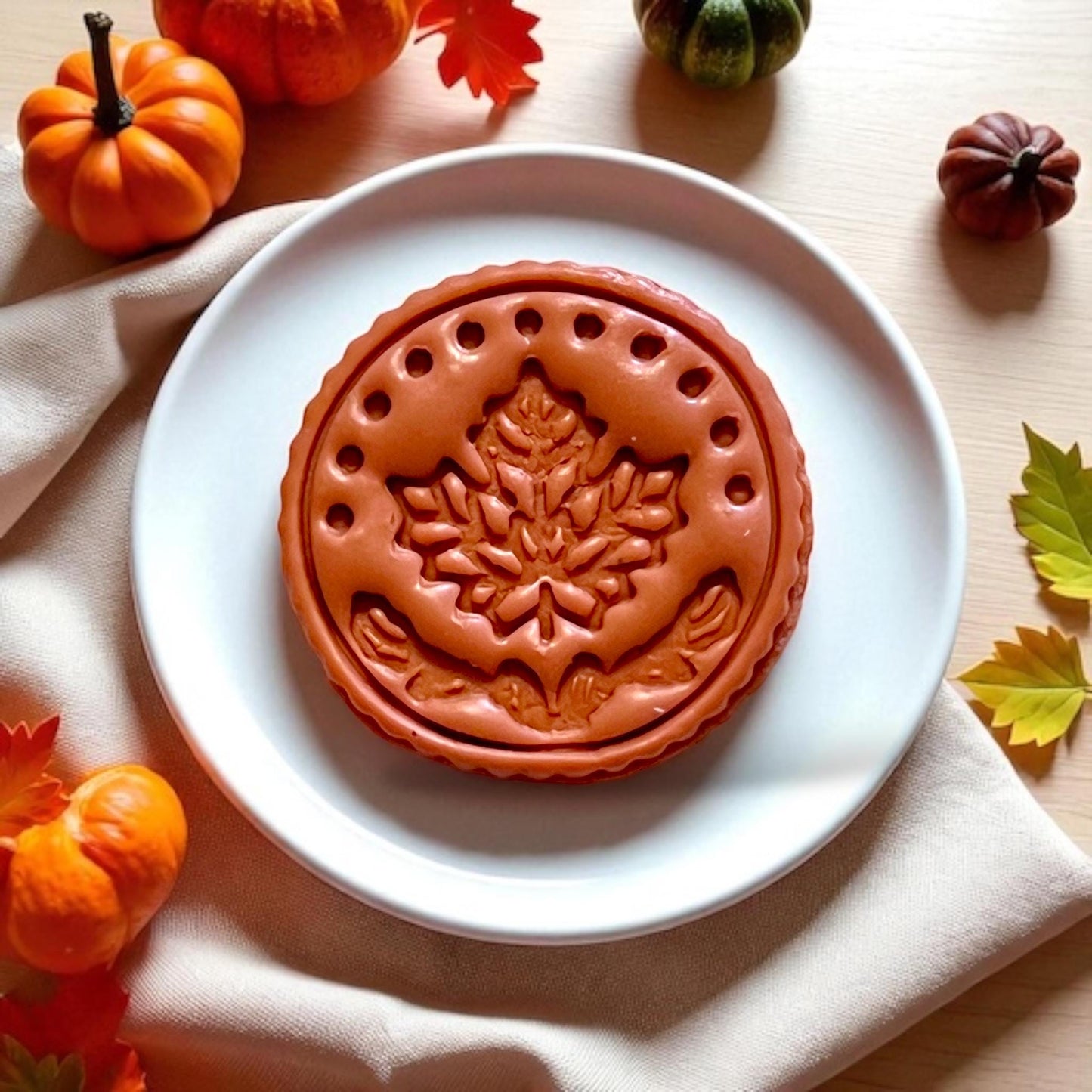 Large maple medallion clay slab on plate with pumpkins