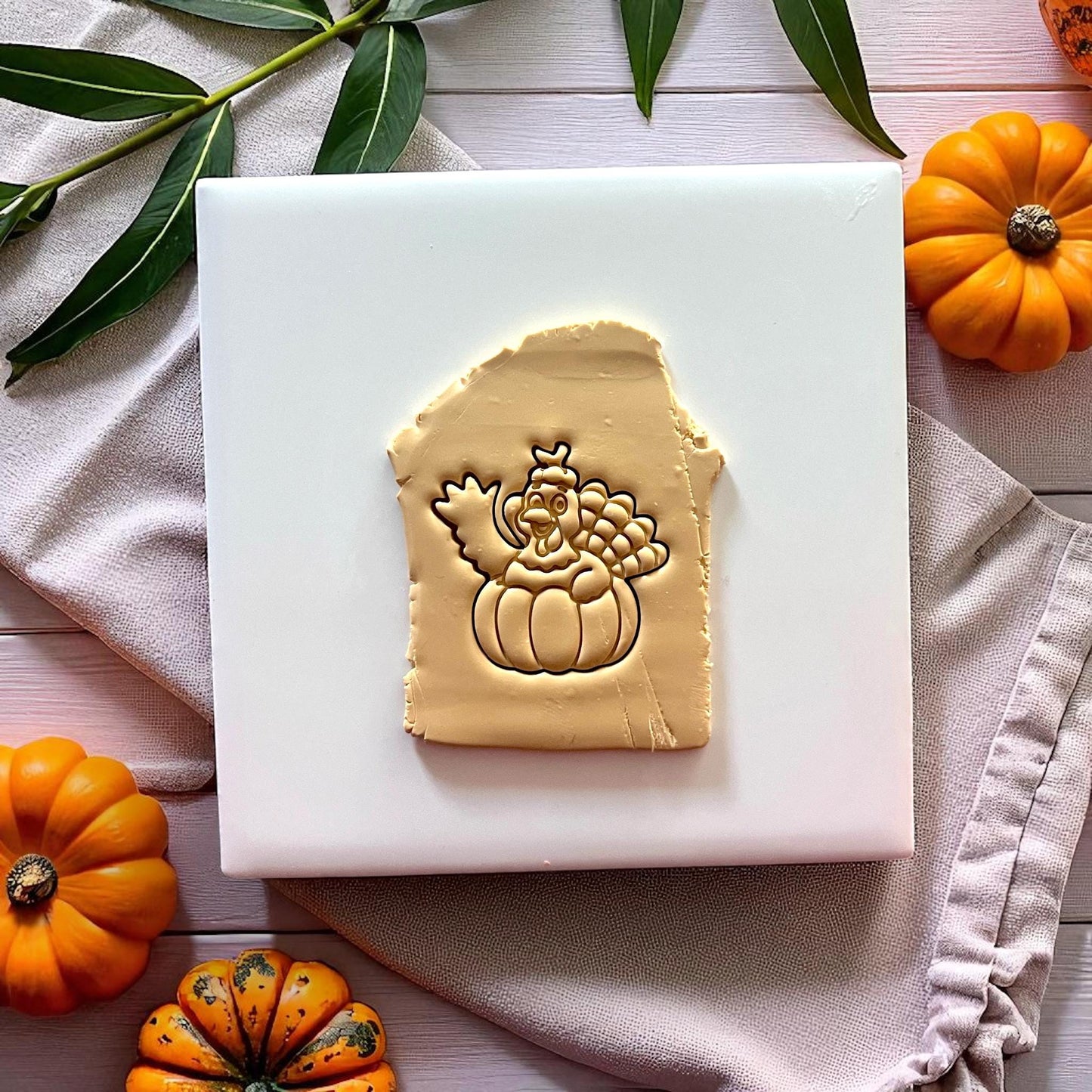 Clay impression of turkey pumpkin cutter on tan clay with pumpkins