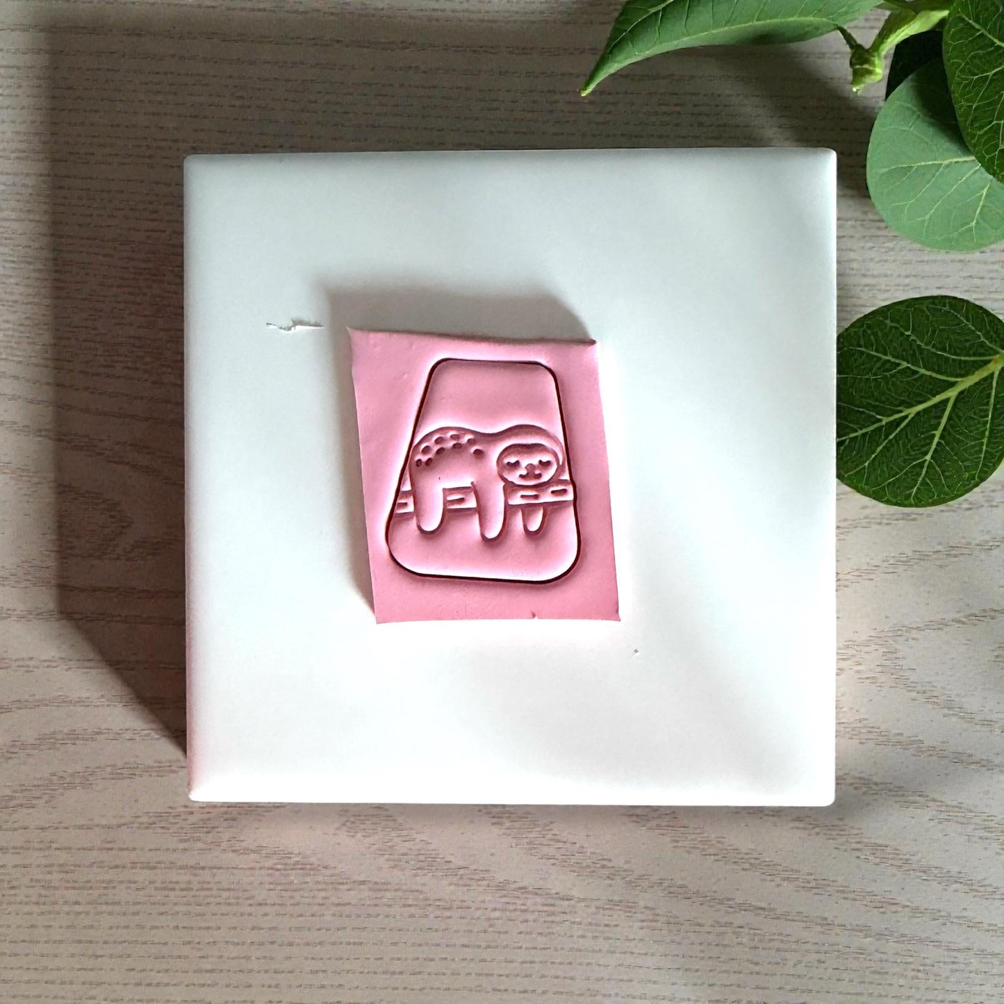 Pink sleepy sloth clay impression on white plank surface with green leaves