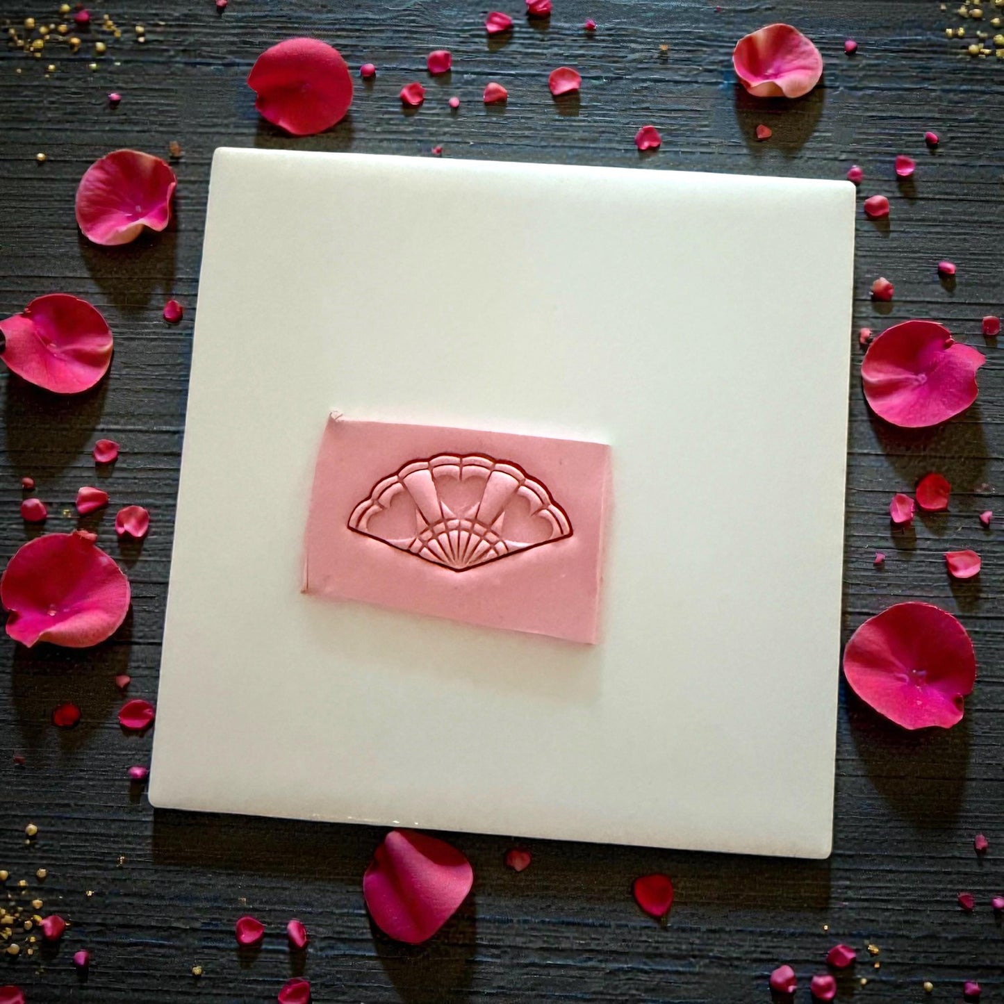romantic heart fan clay impression on lace with rose petals