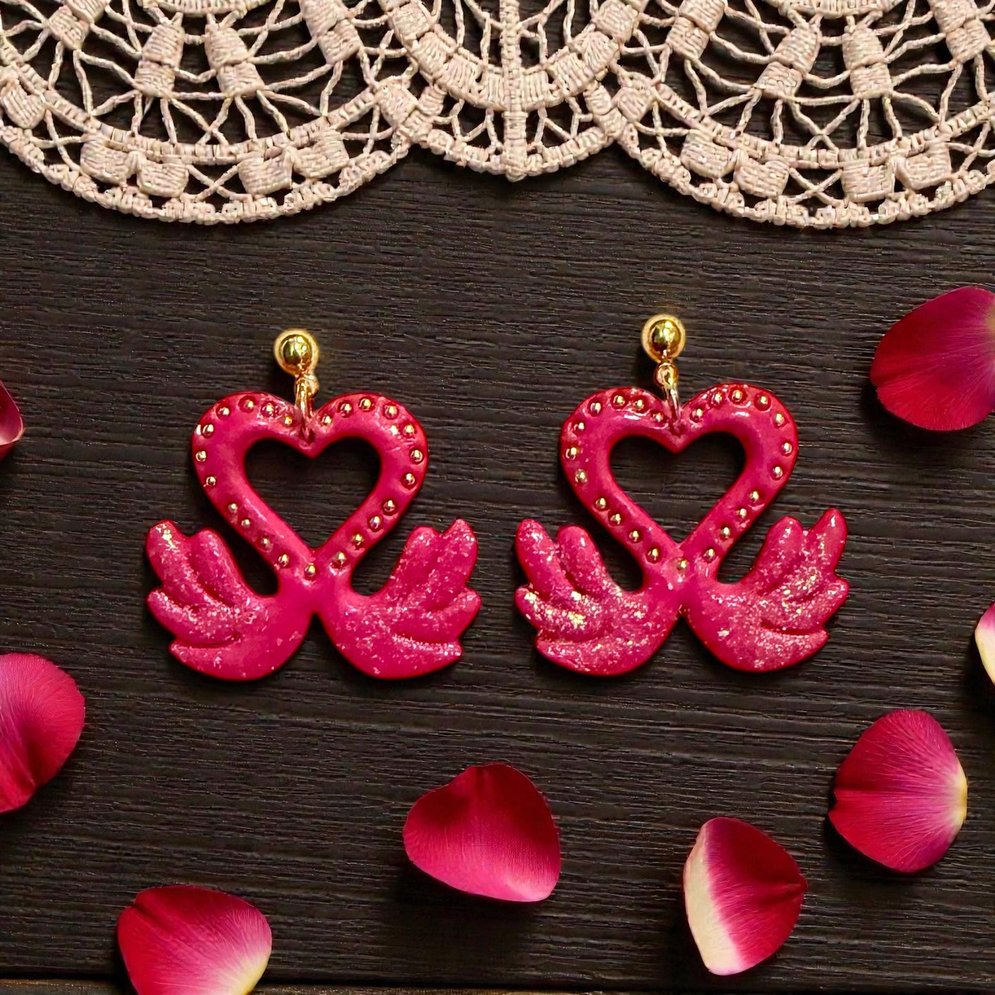 finished glitter pink love swan earrings