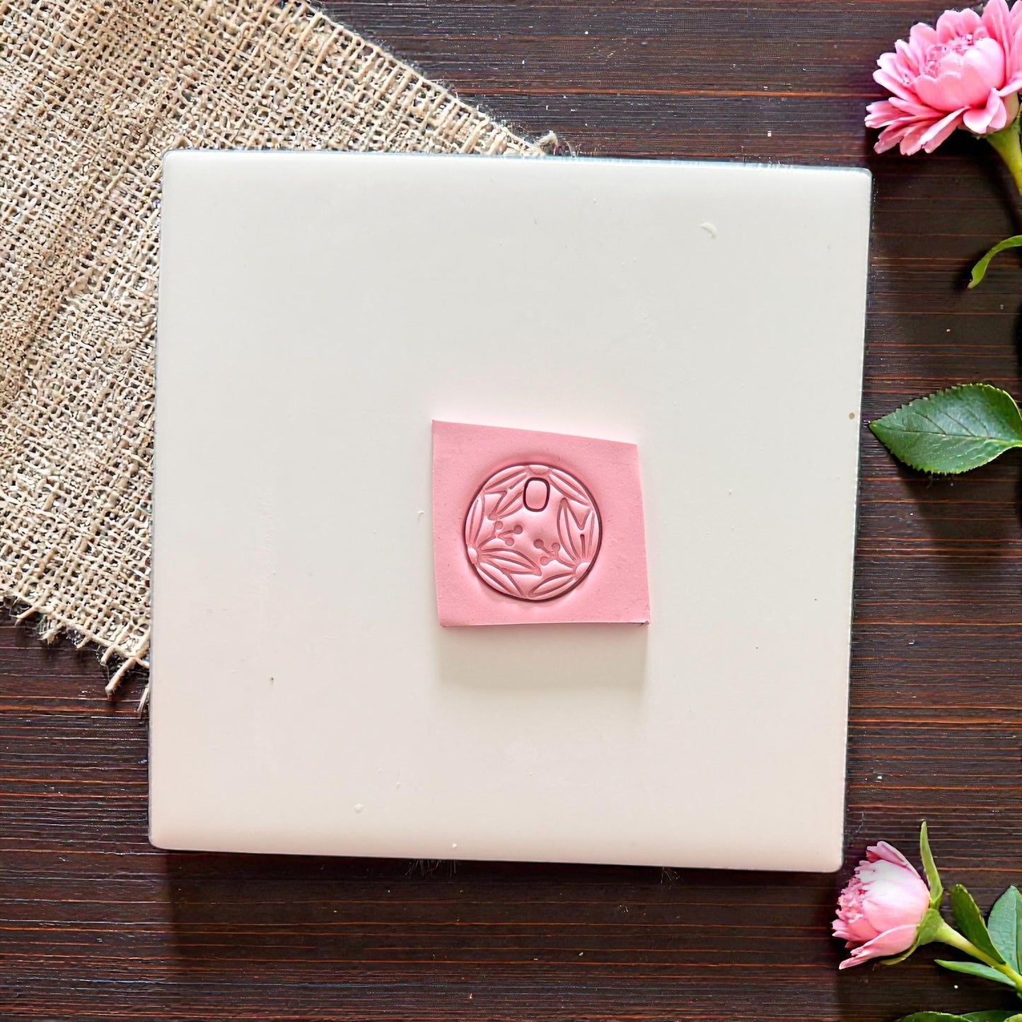 pink clay impression of leafy botanical circle