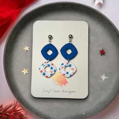 Unique 4th of July puffy rhombus dangle earrings featuring bold red, white, and blue tones for a festive, patriotic look.