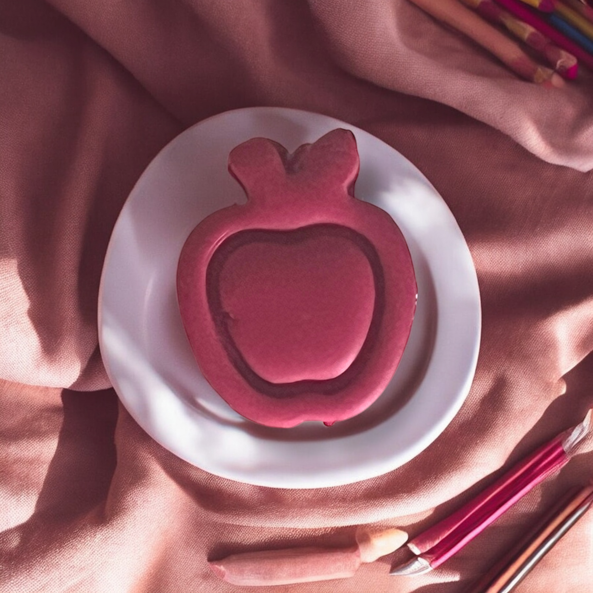 Large apple-shaped clay slab on a small white dish with pink fabric and pencils in the background.