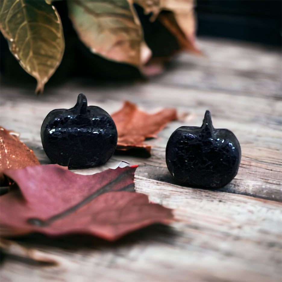 A pair of handcrafted black pumpkin earring studs resting on a rustic wooden table, surrounded by autumn leaves for a cozy fall vibe. 
