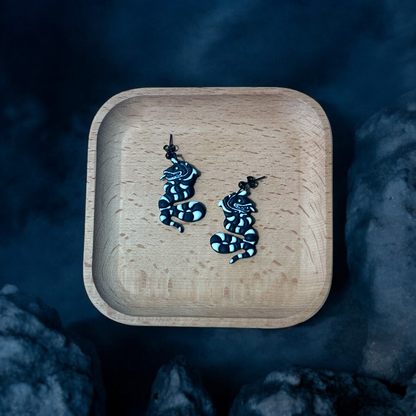 Black striped snake earrings placed in a wooden tray with a smoky, eerie backdrop, creating a mysterious and Halloween-themed display. 
