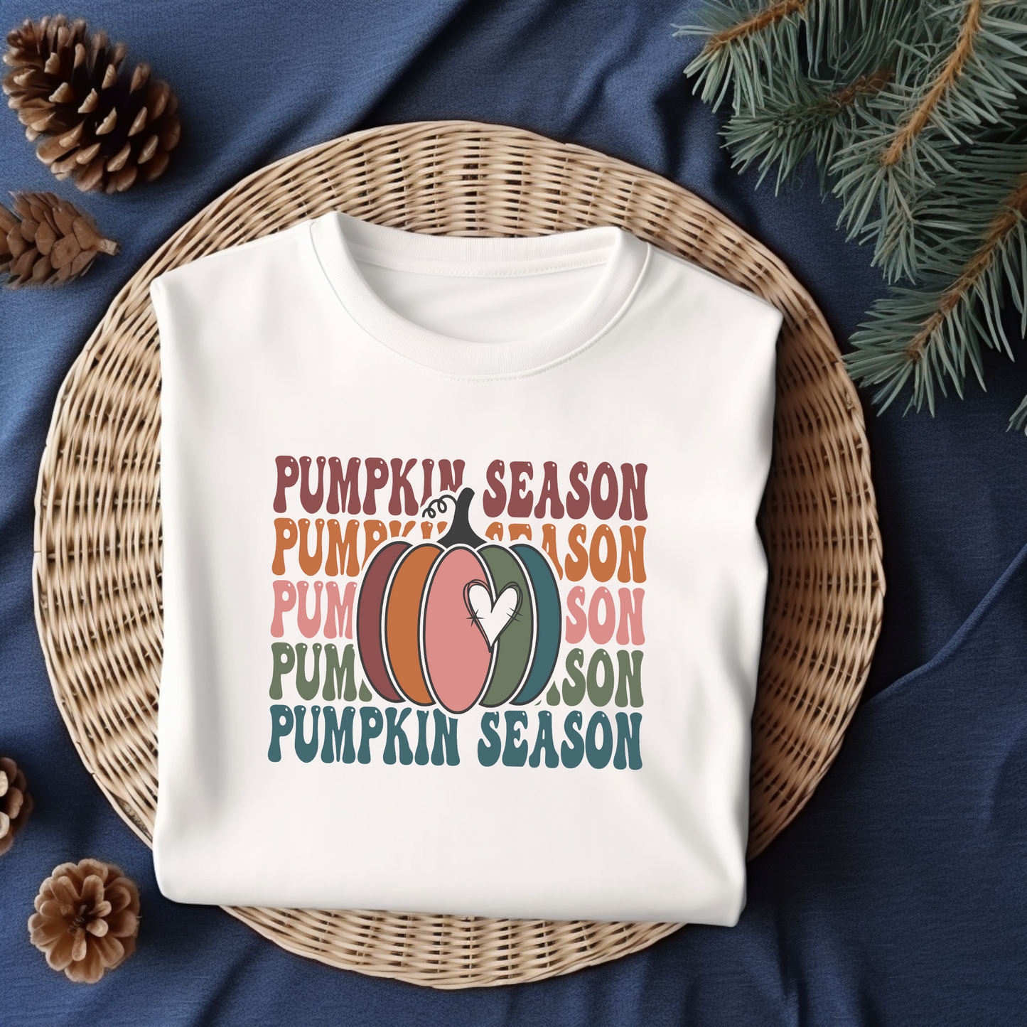 Flat lay of Pumpkin Season T-Shirt with cozy fall-inspired design, great for casual wear during the autumn season.