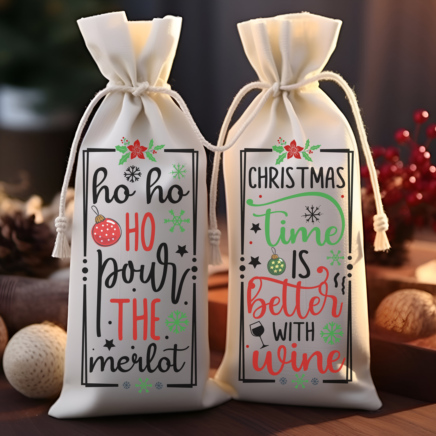 Set of 2 Christmas wine gift bags with holiday phrases, "Ho Ho Ho Pour the Merlot" and "Christmas Time Is Better With Wine."