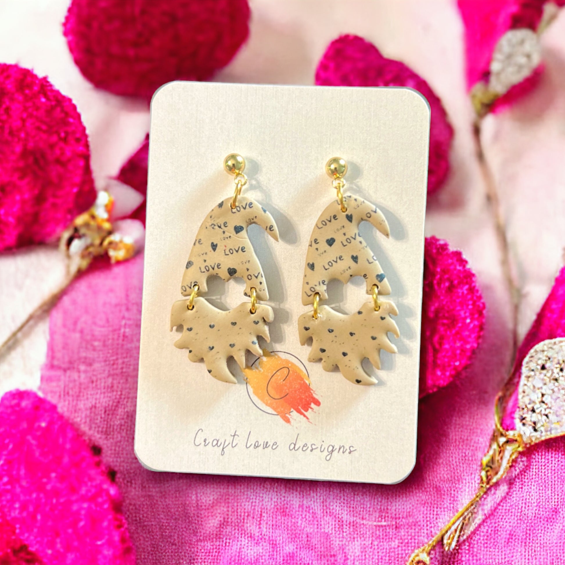 Unique gnome-themed dangle earrings in latte tones with love and heart designs perfect for Valentine's Day 