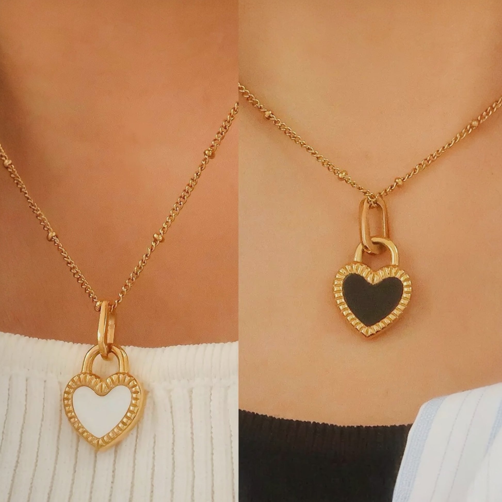 Close-up view of a double-sided gold heart pendant worn, showcasing the black enamel side on the right and the white side on the left. 
