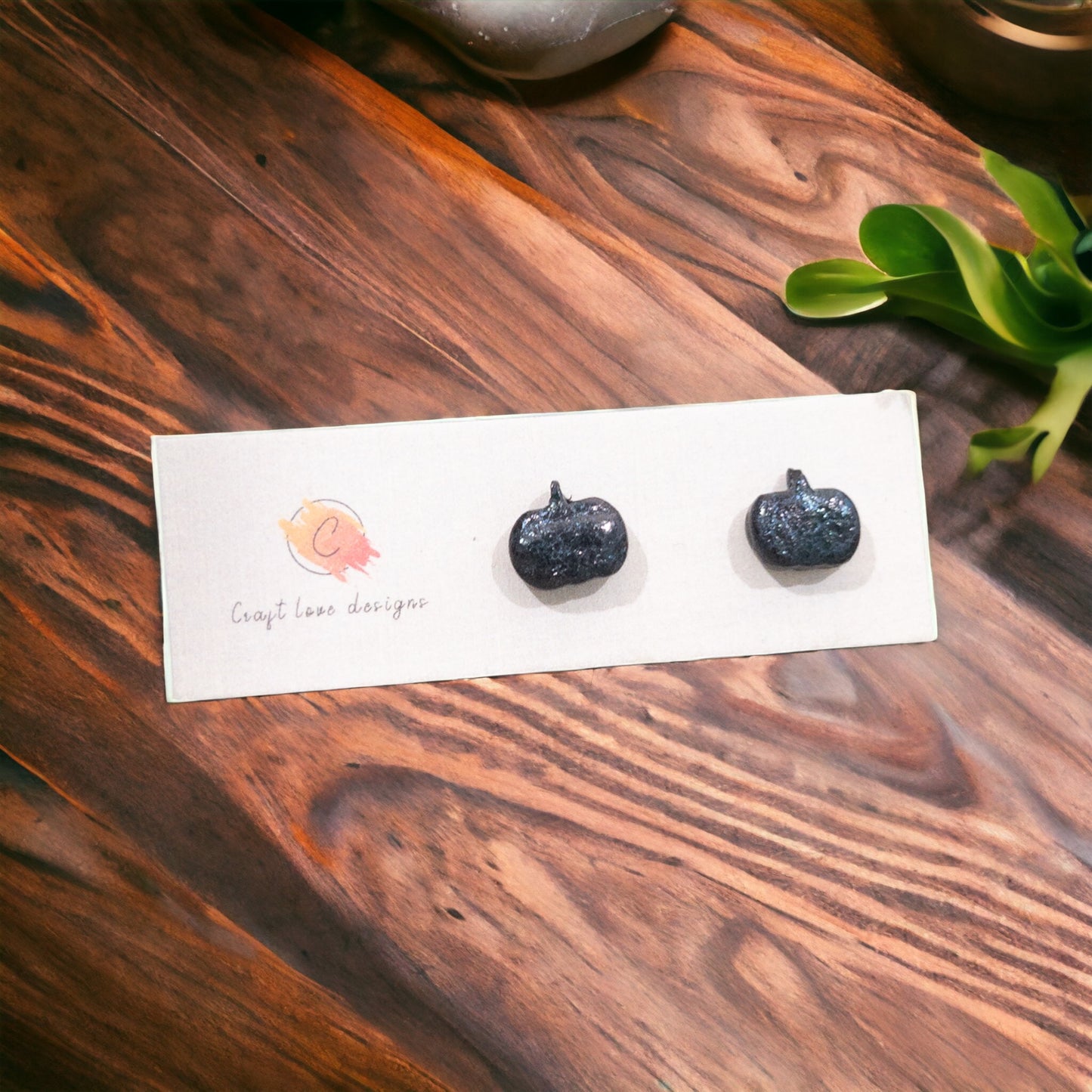 Close-up of small black pumpkin-shaped earring studs displayed on a branded jewelry card over a wooden table, styled with indoor plants. 