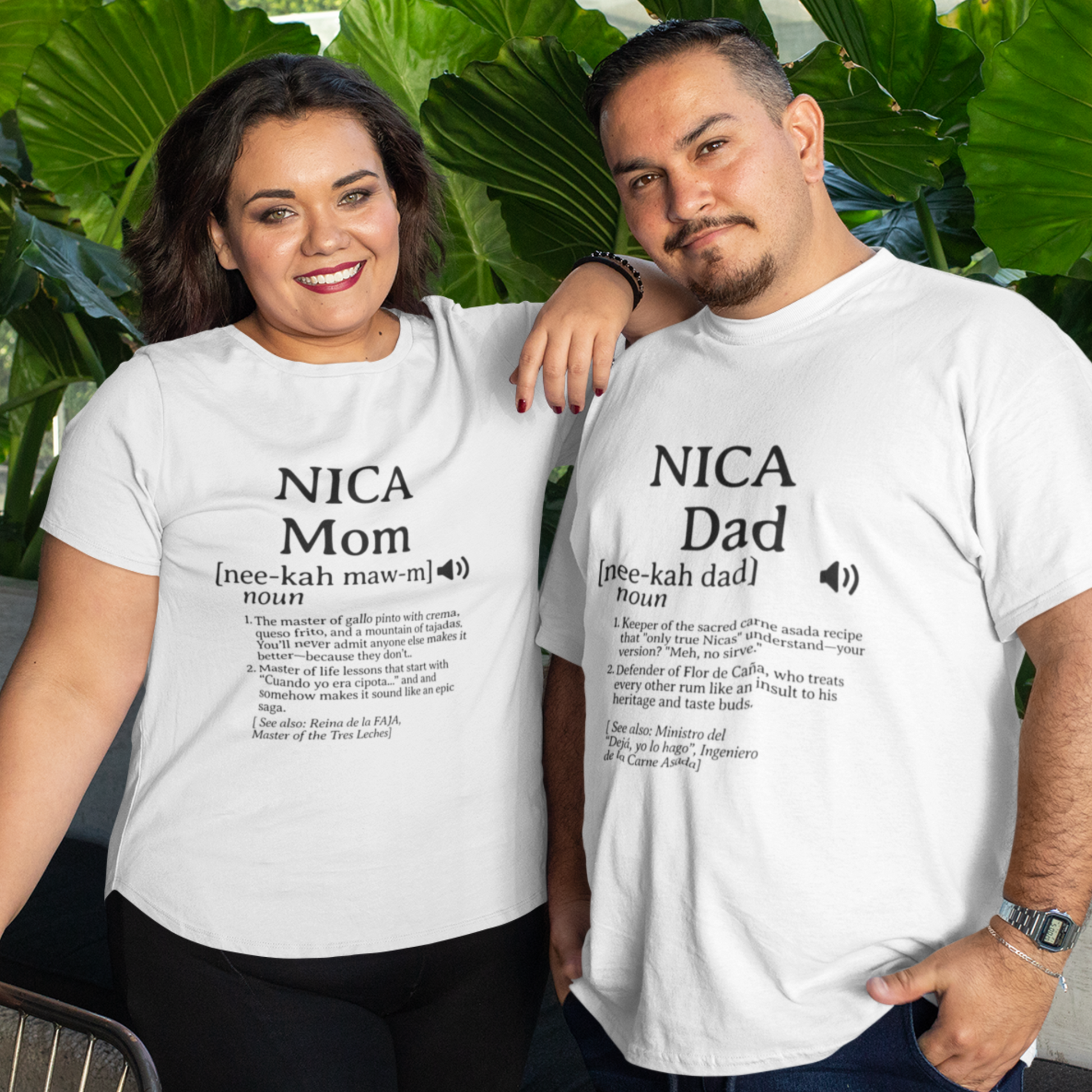 Couple posing in matching Nicaraguan Mom and Dad t-shirts with witty cultural definitions, in a relaxed tropical setting.